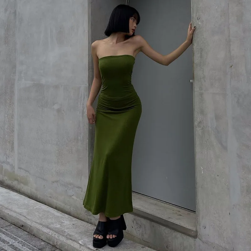 

2022 Strapless Pure Color Elegant Sexy Bodycon Maxi Dress Fall Women Wedding Evening Party Club Y2K Outfits Wholesale