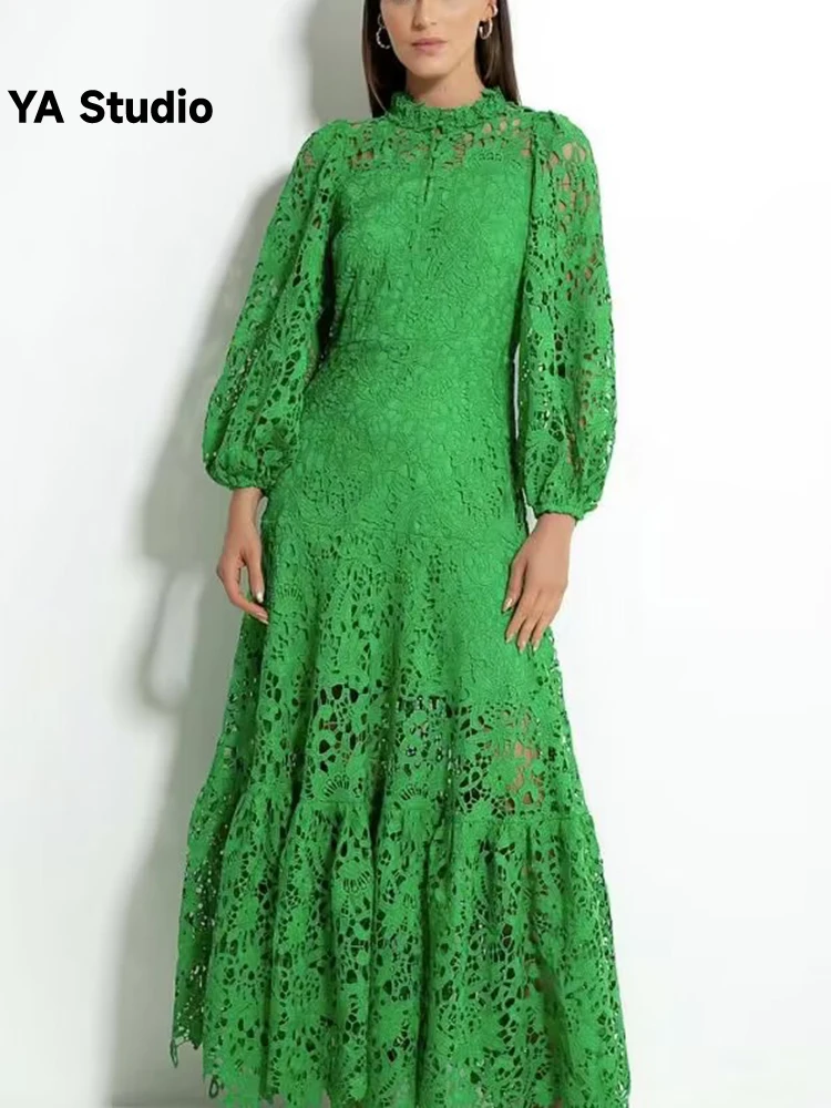 

[YA Studio] Ladies Vacation Celebrity Standing Collar Embroidery Water Soluble Lace Large Swing Dress Women Summer 2023 New