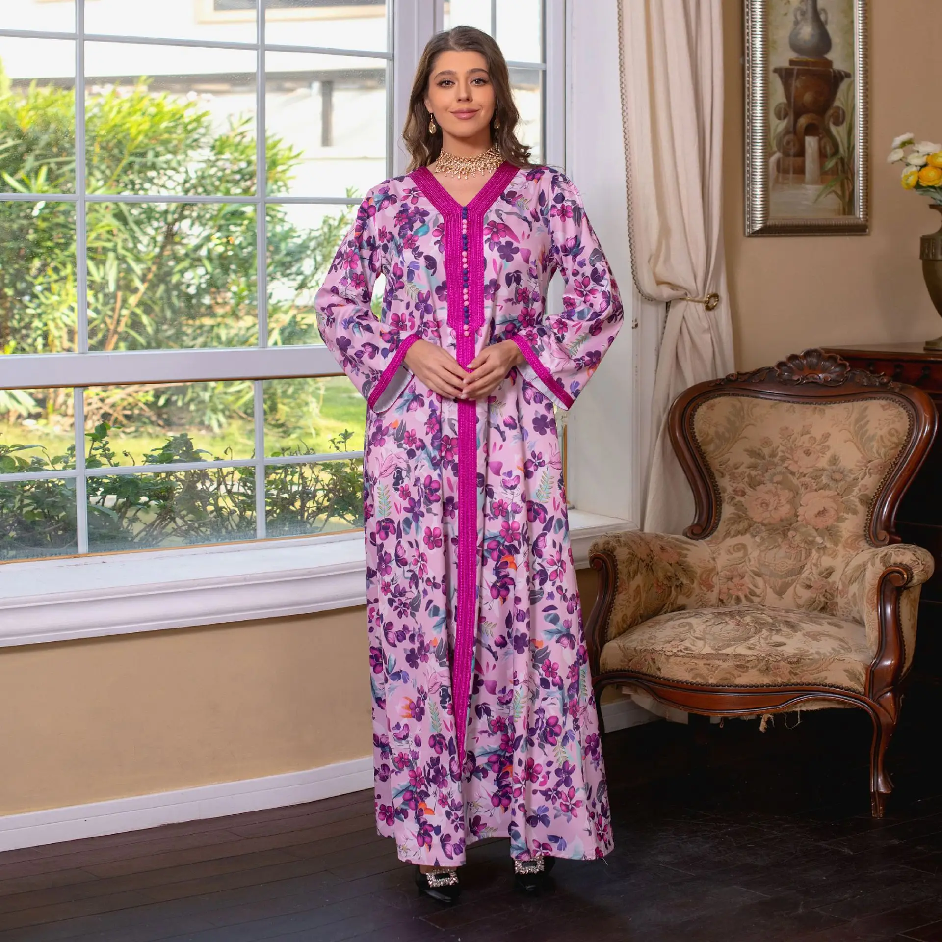 Dubai Turkey 2023 Spring Abaya Women's Fashion Rose Purple Dress Middle East Printed Muslim Women Clothing Over Size