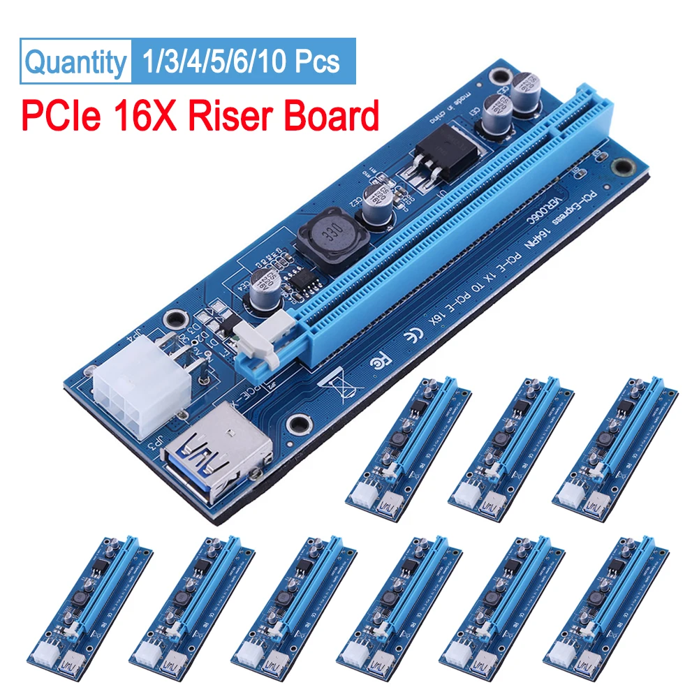 

Плата расширения PCI-E Express 16X, 4/5/6/10 шт., с 6-контактным портом питания PCIe для USB 3,0 кабеля SATA к 6Pin BTC для майнинга биткоинов