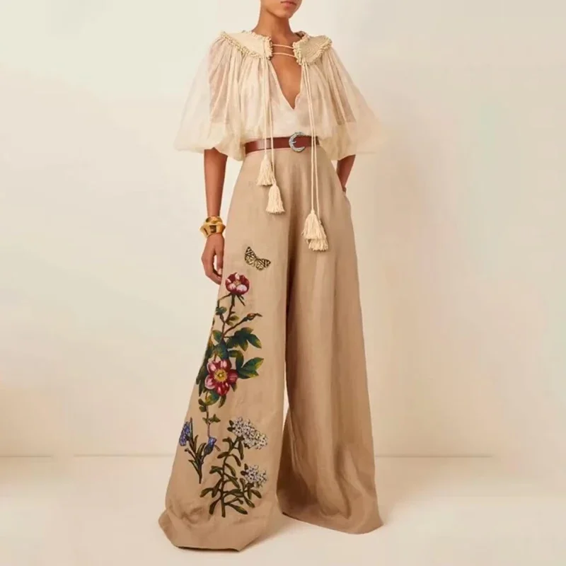 Beautyblue Брюки цвета хаки с цветочным принтом Широкие брюки поясом Эластичность