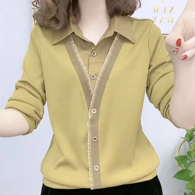 

2023 Autumn New Long Sleeved Knitwear Women's Fashion Elegant Comfortable Versatile Outerwear Small Shirt Fake Two Piece Top