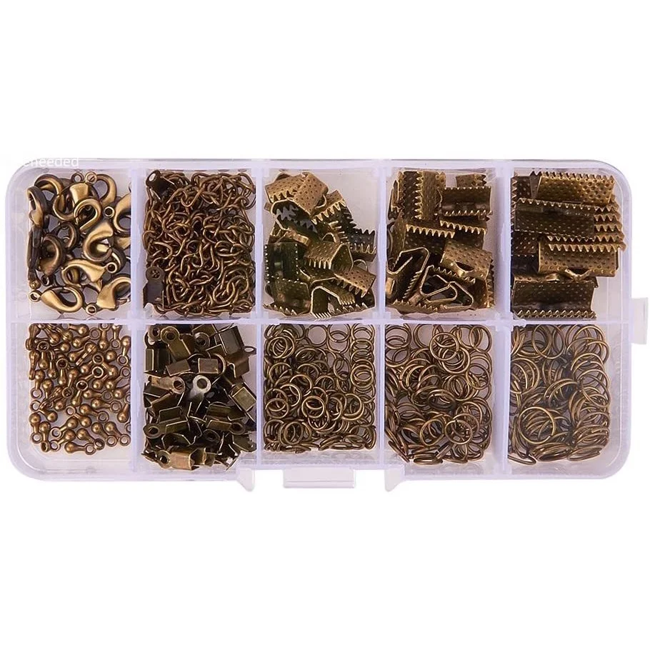 

About 440Pcs Jewelry Findings Sets with Fold Over Crimp Ends Ribbon Ends Twist Chains and Brass Lobster Claw Clasps
