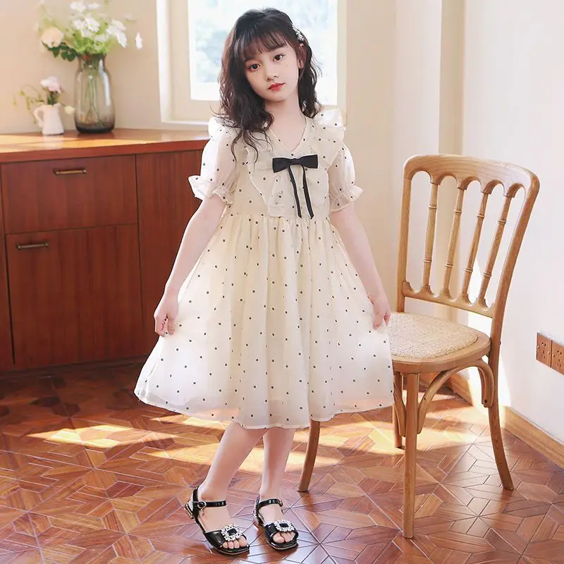 

2023 Summer 14y Teen Girls Puff Sleeve Mesh Chiffon Dress Polka Dots Ruffle Design Party Princess Costume Vestidos Kids Dresses