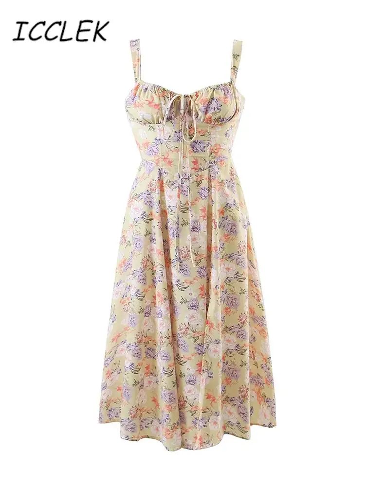 

Icclek Elegant Long Flower Strap Dress Women Vintage Sweet Print Korean Fairy Dress Casual Calssy Party Princess Dress 2022 Traf