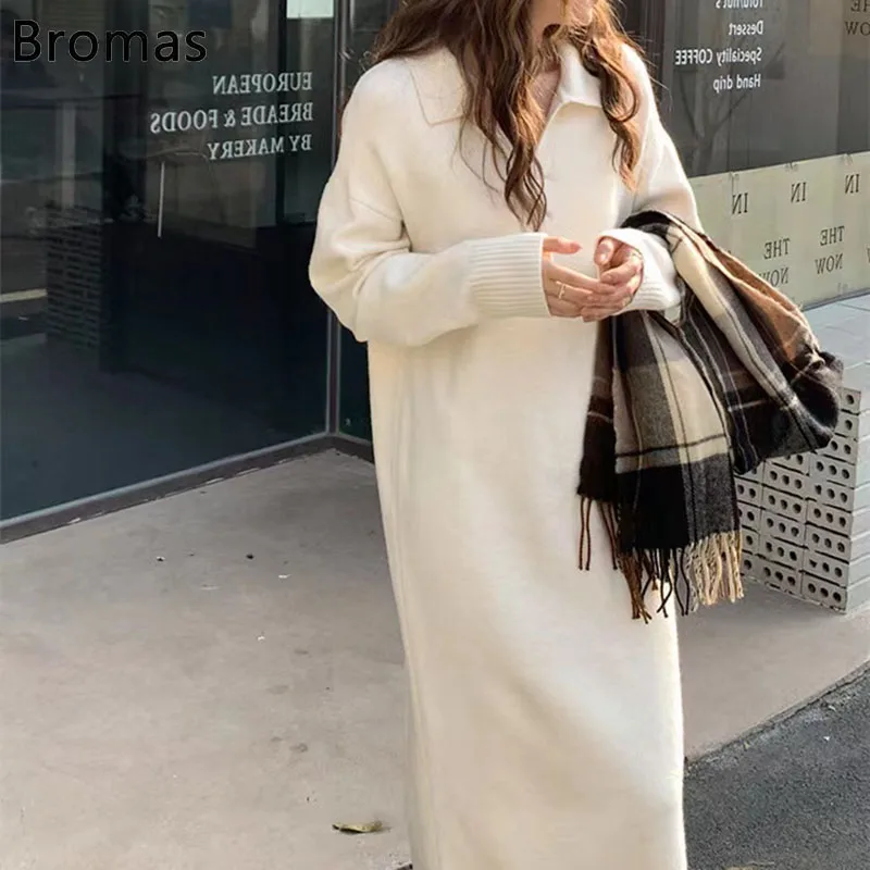 

Autumn Winter Fashion Thicken Warm Sweater Dress Women Casual Loose Lapel Full Sleeve Solid Long Knitted Dress