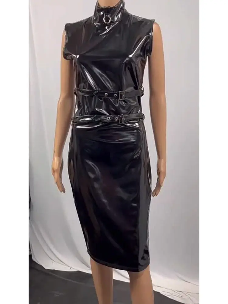 

Sleeveless High Collar Wet Look PVC Vestido Shiny PU Leather Cosplay Hot Dress Tight Package Hip Minifalda Sexy Clubwear Dresses