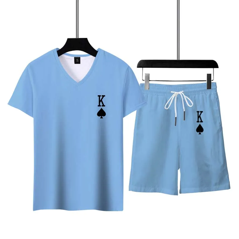 Summer Men's Tracksuit Casual Short Sleeve Solid Color Crown K A3D Print Outfit V- Neck Male T-shirt Sportswear Comfortable Top