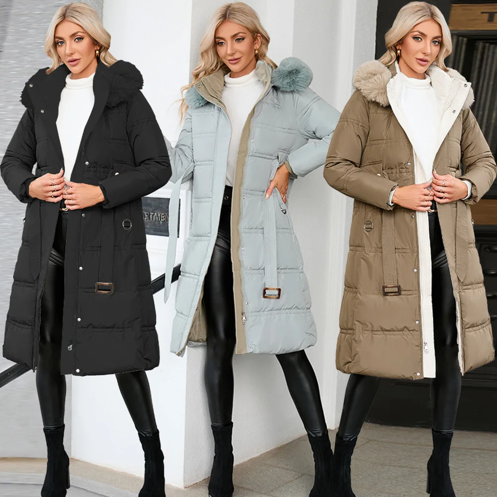 Wool Collar Color Contrast Coat 2022 Winter New Slim Down Cotton Jacket Medium Long Coat Women and  Winter Coat Women