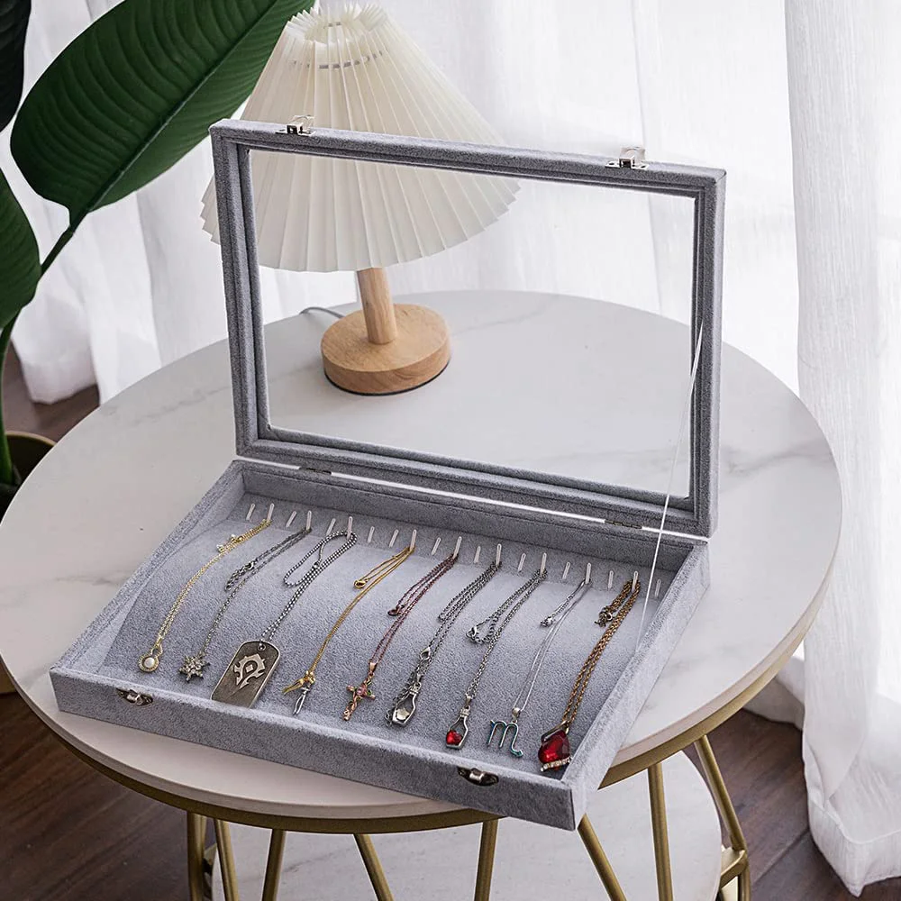 Crystals Velvet Jewelry Organizer Box 24 Grid Clear Lid Earrings Storage Case Ring Holder Stackable Necklace Tray Display Gift