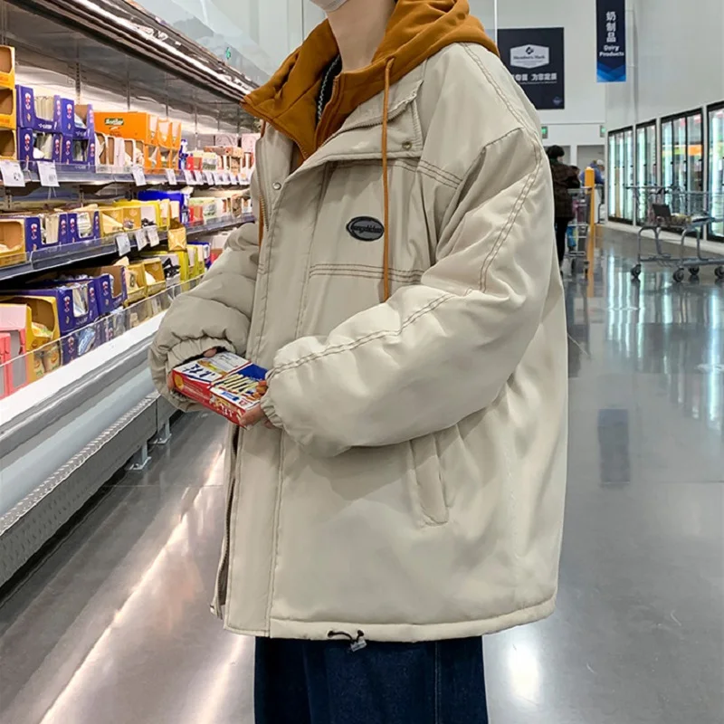 Fake Two-piece Tooling Hooded Cotton-padded Jacket Male Korean Fashion Loose Wild Warm Jacket Ins Tide Brand Cold Jacket