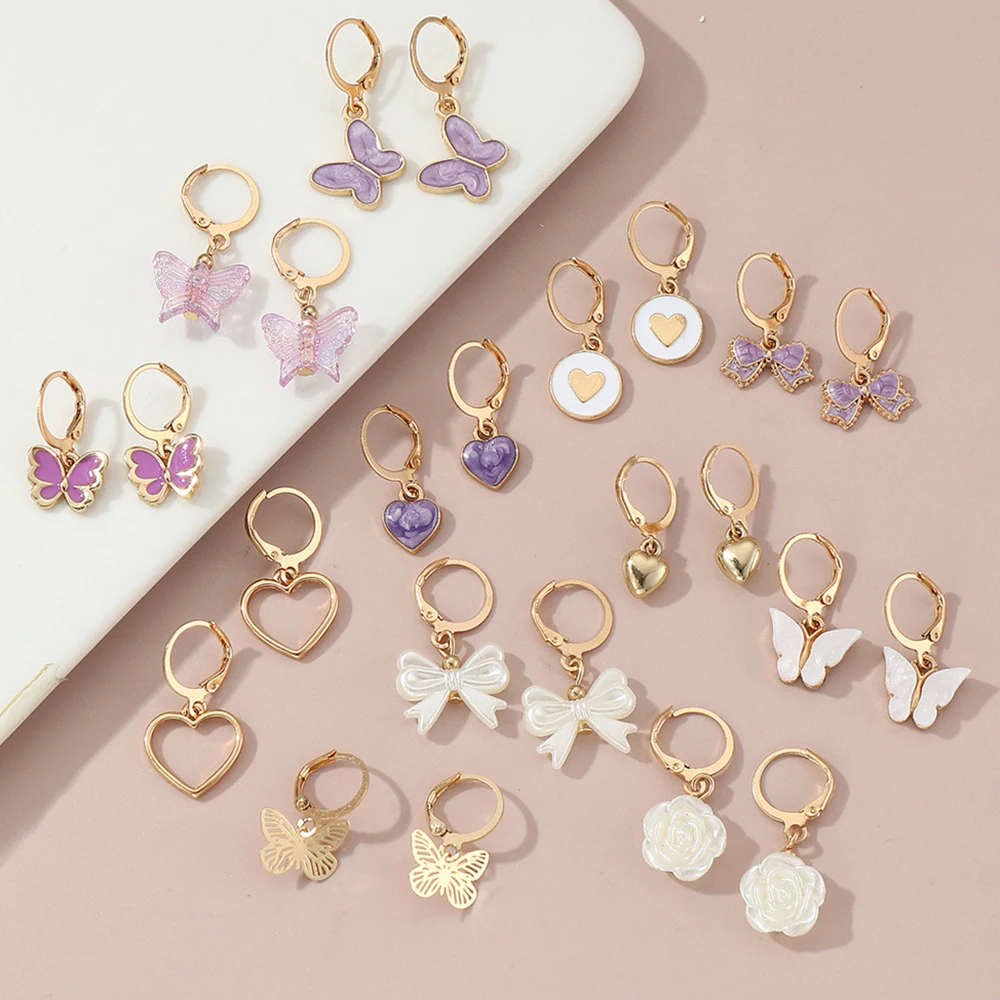 Набор сережек-гвоздиков в виде бабочек и цветов 12 шт