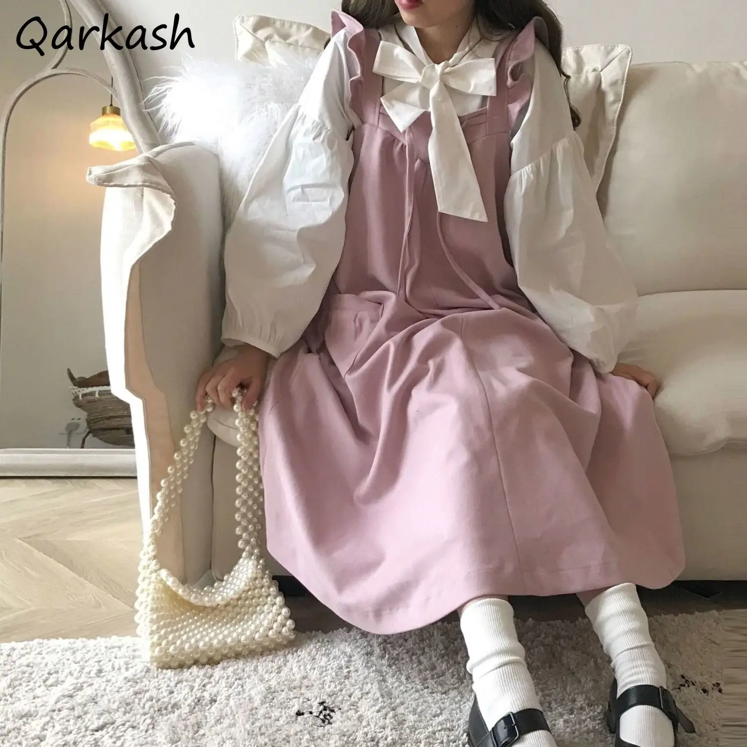 

Sets Women Preppy Japan Style Kawaii Pink Loose Stylish Dress Long Sleeve Autumn Holiday Maiden College Girls Student Retro Soft