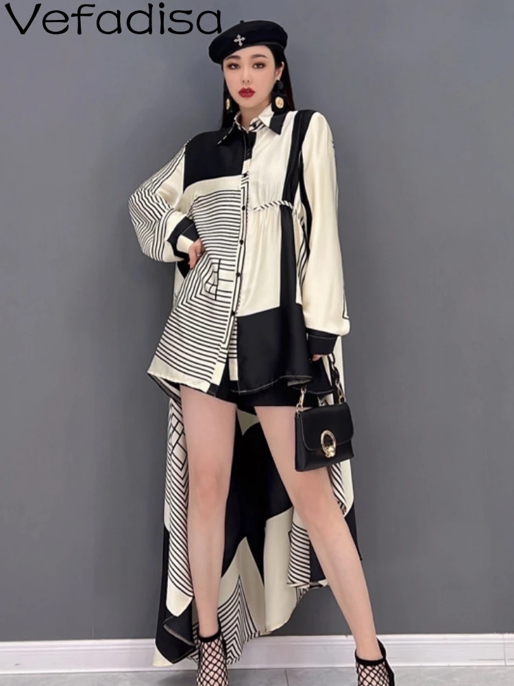 

Vefadisa Women Long Sleeves Lapel Dress Loose Fashion Mid-length Irregular Stripe Printing Chiffon Dress 2023 Autumn LHX1667