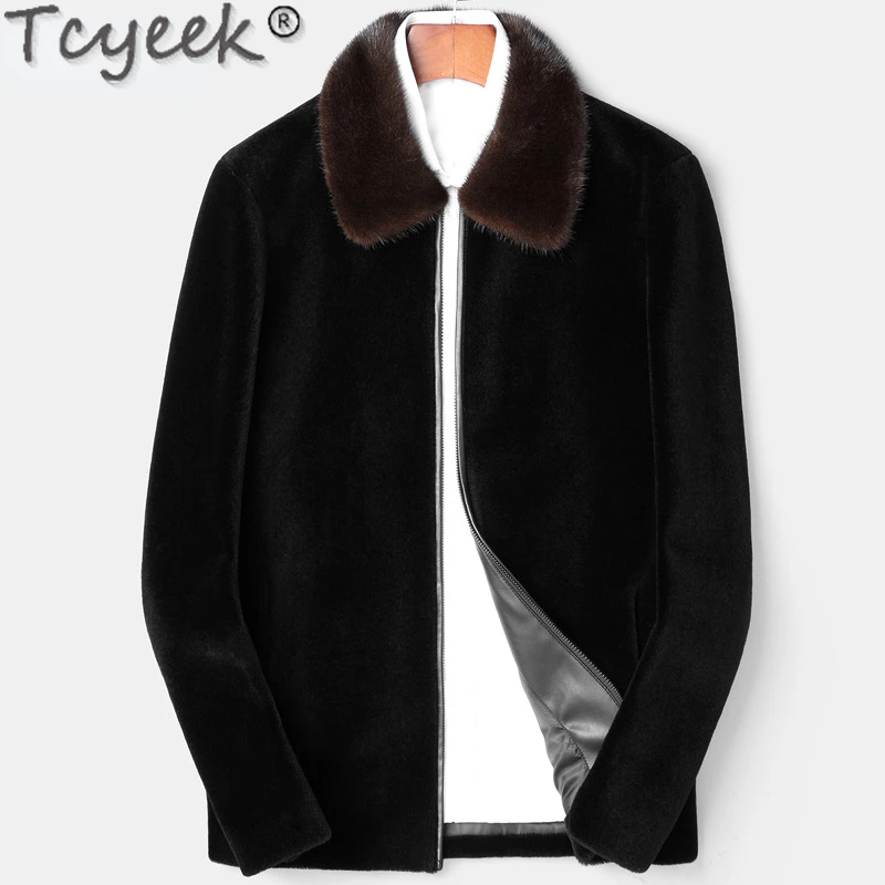 

Tcyeek Winter Warm Short Male Coat 100% Wool Jacket Men Clothes Fashion Casual Sheep Shearling Jackets Mink Fur Lapel Collar