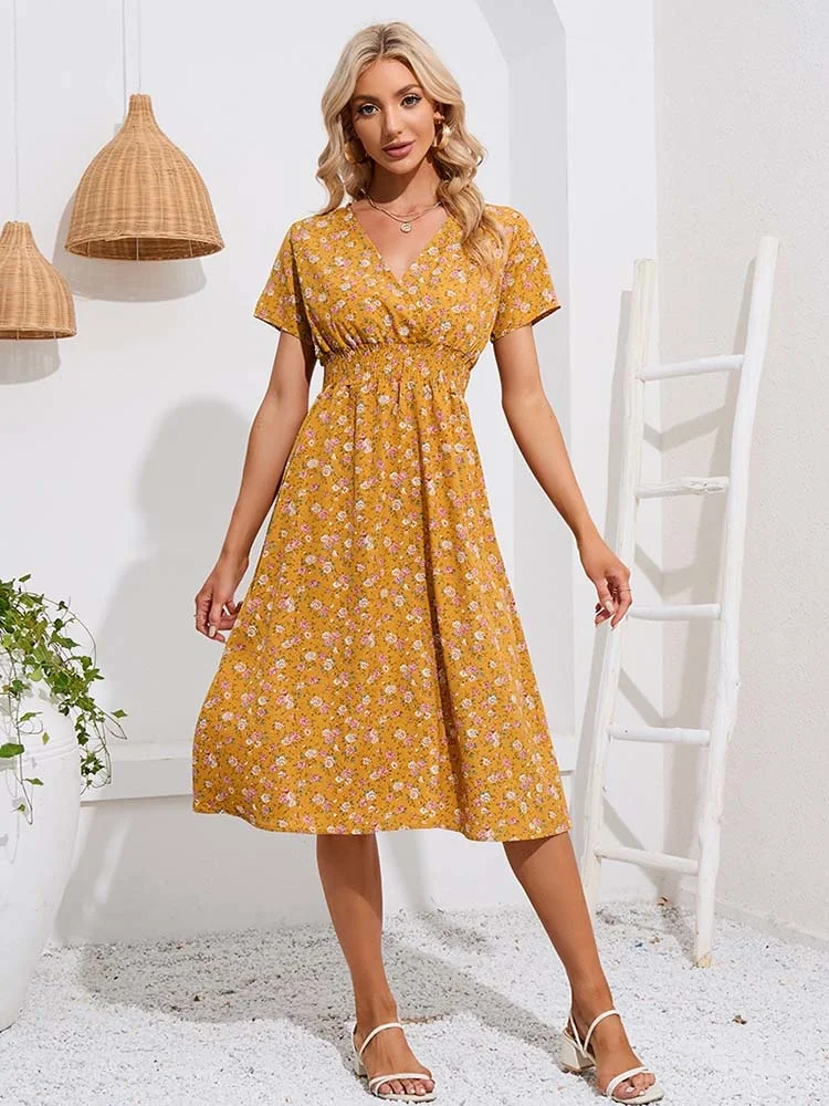 

Women Chiffon Dress Summer V-neck Floral Print Elastic Waist A-line Midi Casual Short Sleeve Dress
