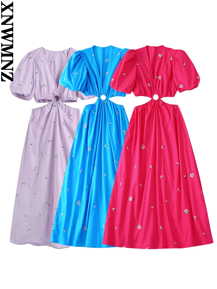 

XNWMNZ 2022 Women Fashion Hollow Floral Embroidery Long Dress Woman Retro Short Puff Sleeves Female Chic Dresses