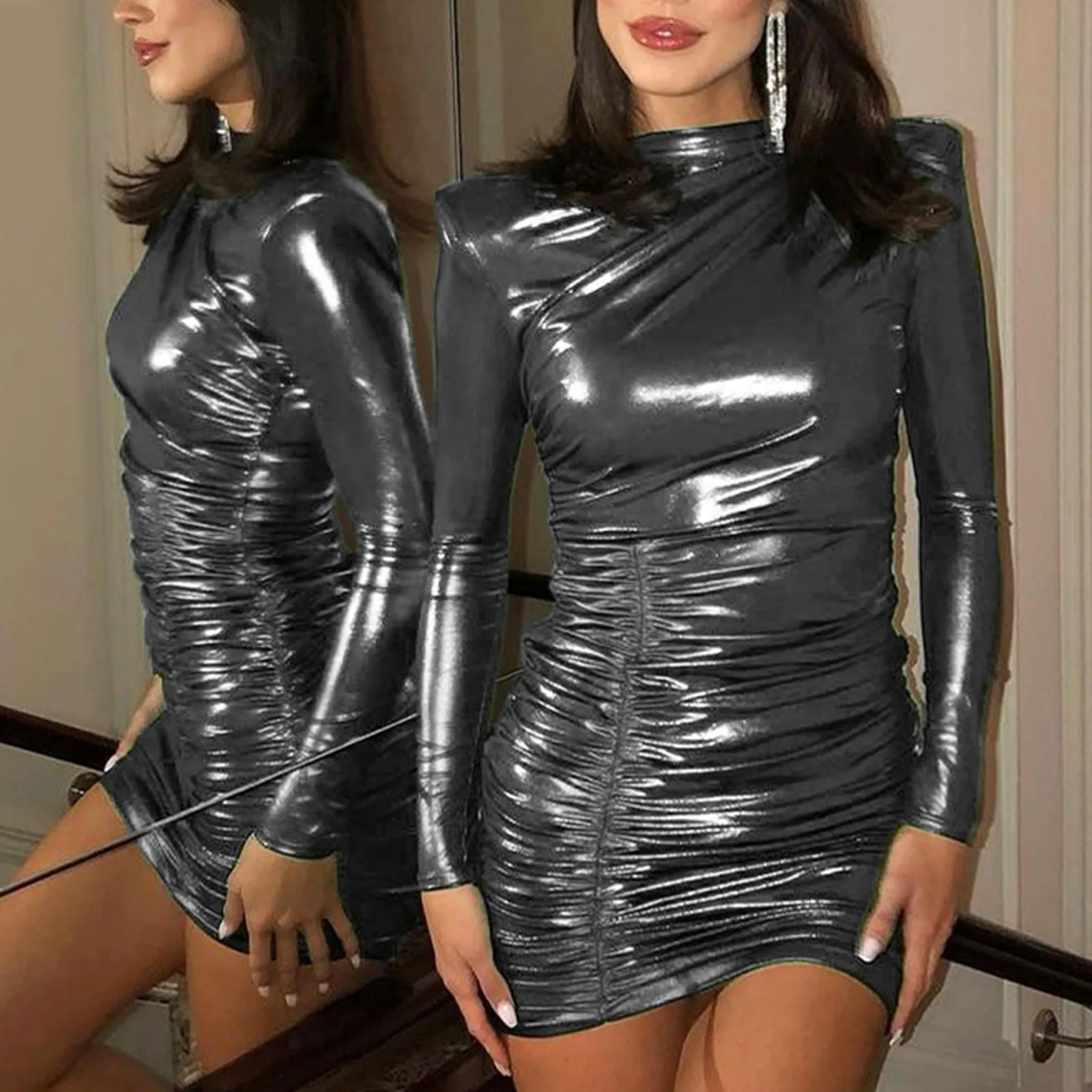 

Womens Solid Dress Sensual Ladies Fashionable Shiny Color Slimming Long Sleeved Hip Hugging Dresses