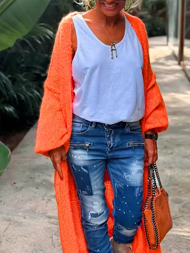 Женский вязаный кардиган составного кроя элегантная свободная Длинная Верхняя