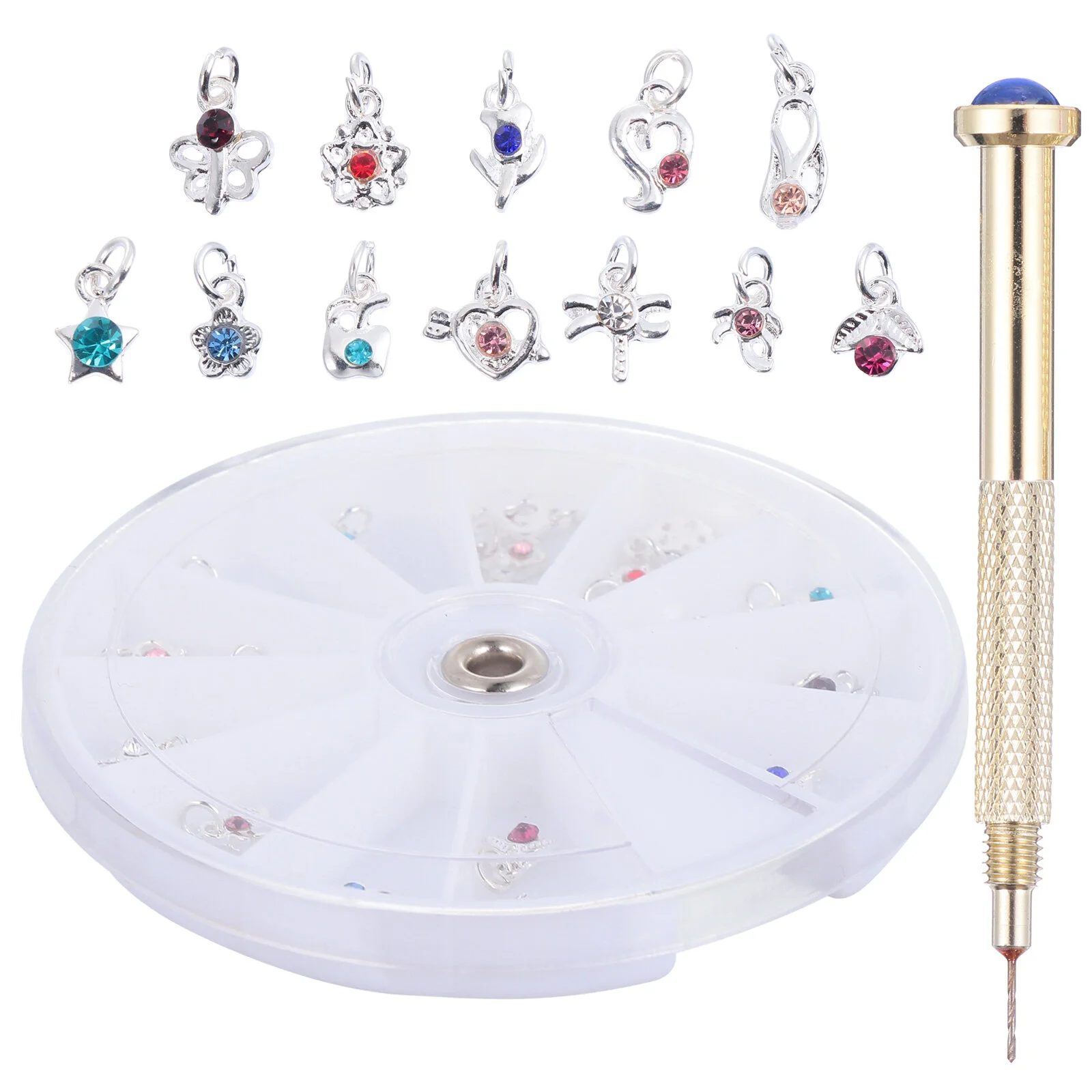 24Pcs Nail Charm Drill Nail Jewelry Rings Dangle Nail Drill Tool Dangle Charm Tool for Nail