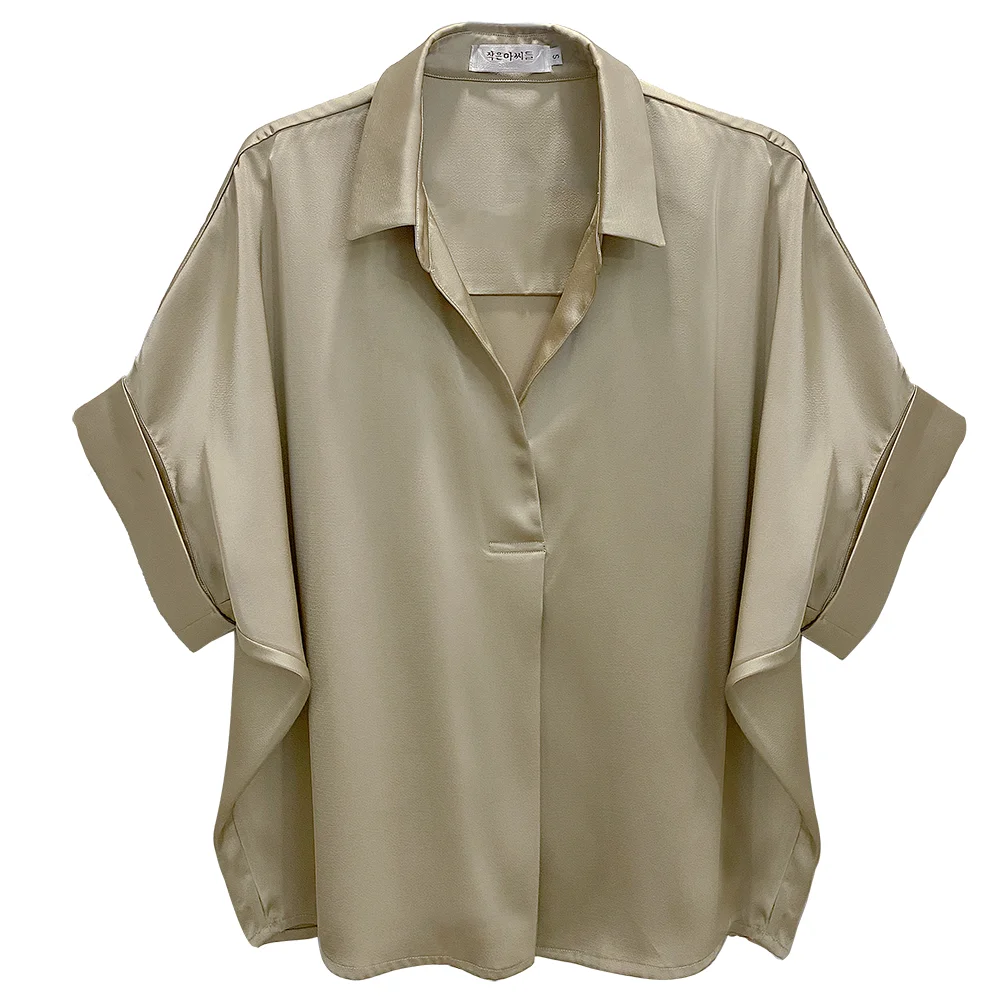 Ацетатные атласные рубашки женские шелковые текстуры рубашка с короткими