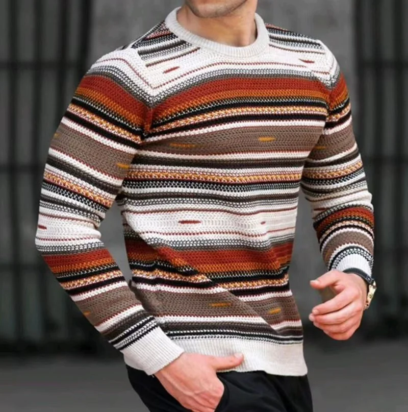 

Autumn Men's New Loose Round Neck Sweater Waffle Digital Printing Color Stripes Versatile