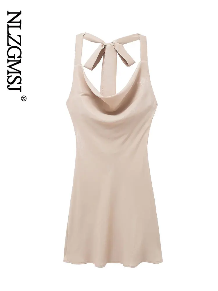

Nlzgmsj ZBZA 2022 Summer Women Halter Neck Dresses Bow Tie Chic Mini Dress Sexy Backless Back Tether Sleeveless Dress 202203