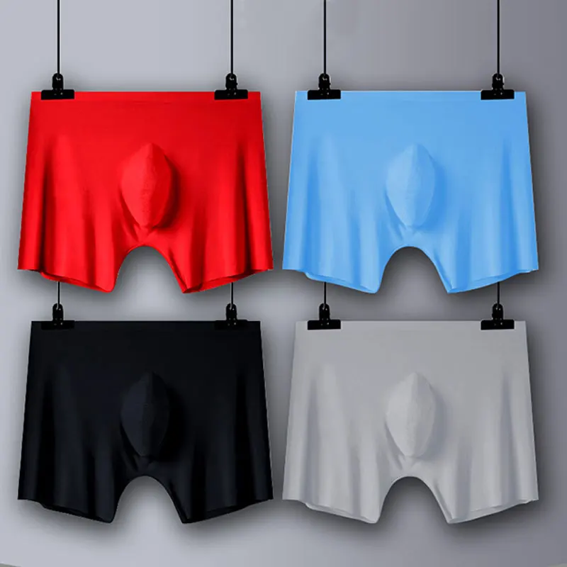 

Men's Flat-footed Underwear Ice Silk Seamless One-piece Underwear Solid Color Breathable Antibacterial Boxer Mid-waist Underwear