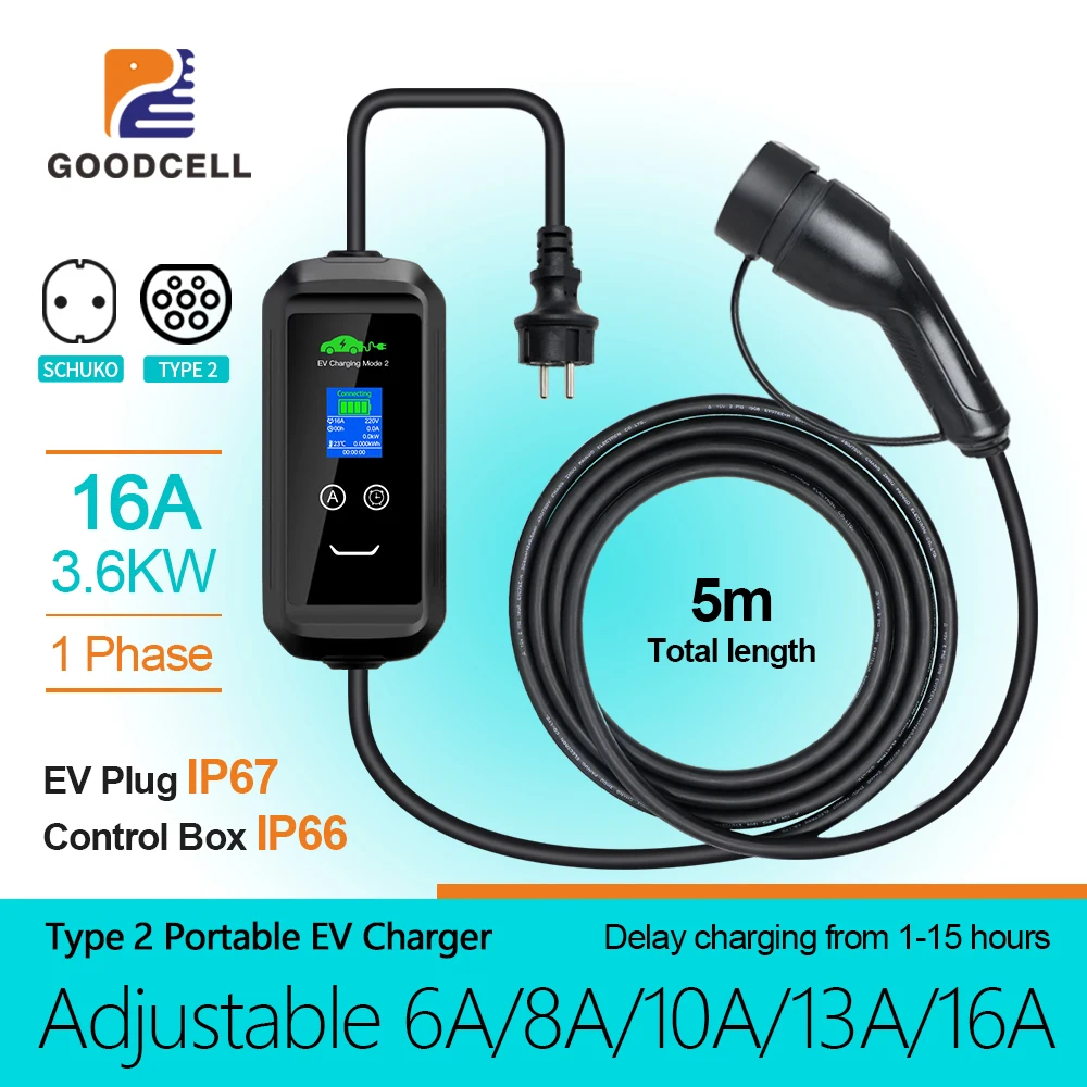 Переключаемое напряжение 8A/10A/13A/16A 1-фазное портативное зарядное устройство для
