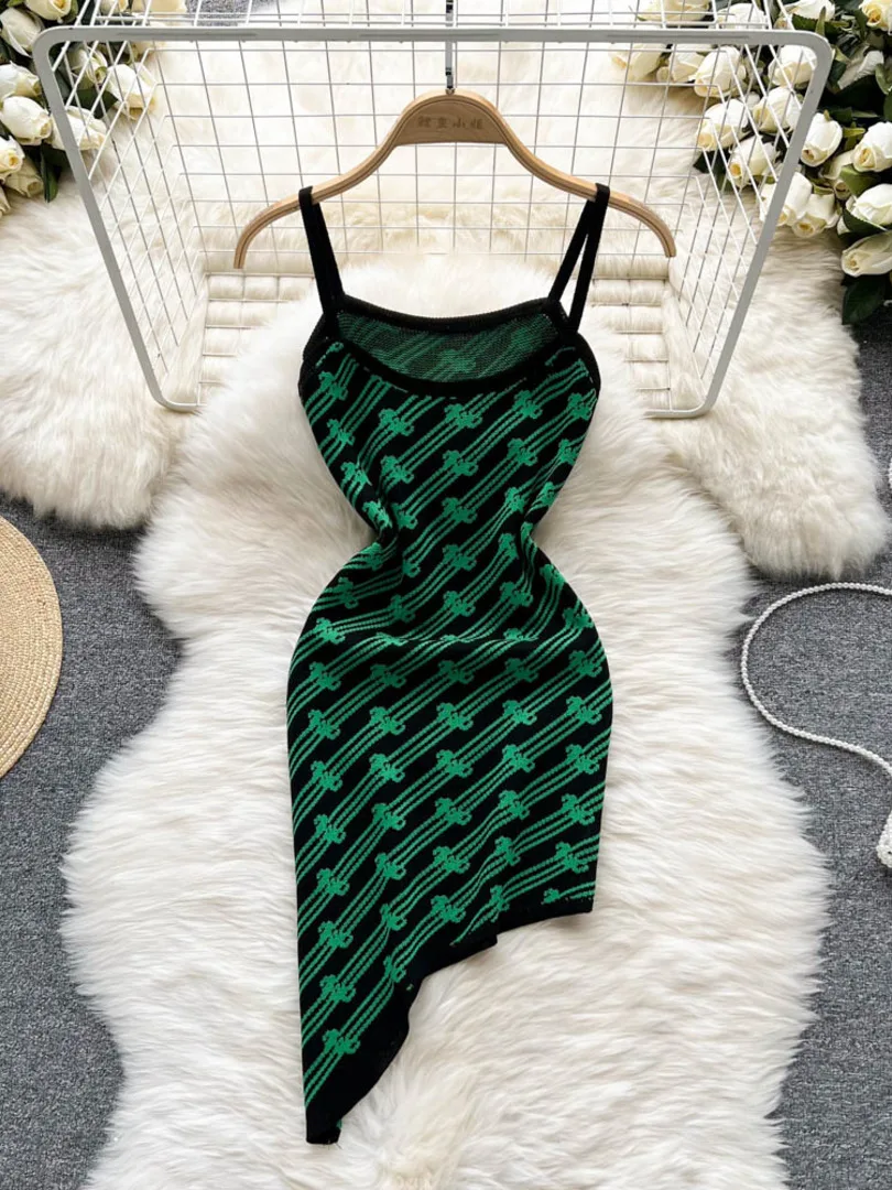 

Sexy Striped Knitting Dress Women Fashion Summer Spaghetti Strap Sleeveless Backless Irregular Bodycon Mini Club Party Dresses