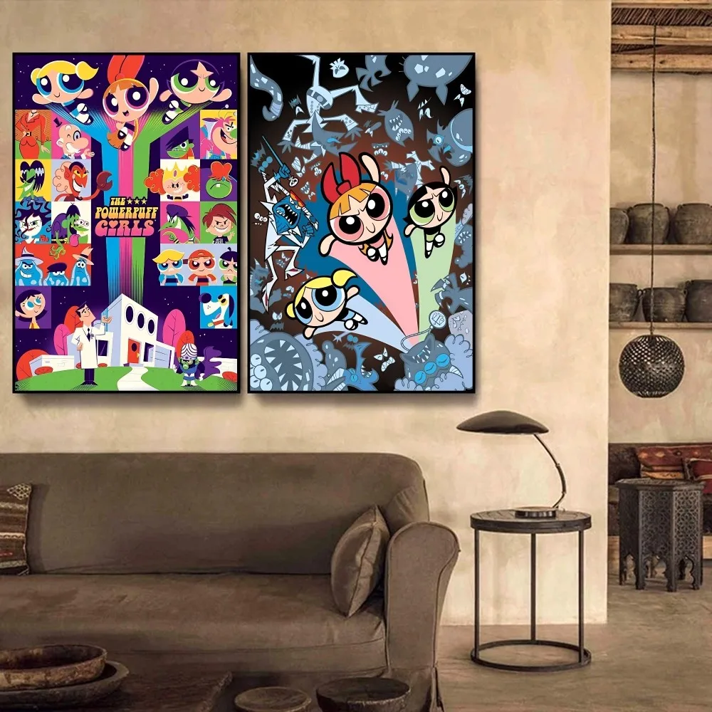 

The-P-Powerpuffs Cartoon Girls Poster Self-adhesive Art Poster Retro Kraft Paper Sticker DIY Cafe Vintage Decorative Painting