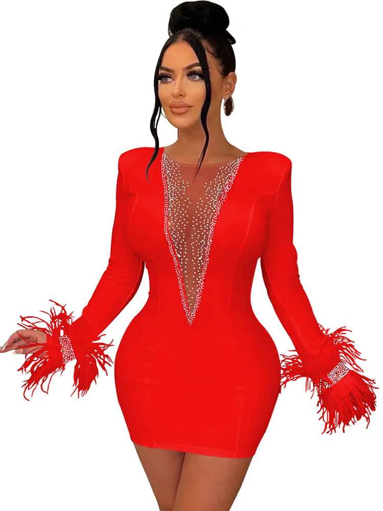 Mini robe moulante en maille avec plumes et strass pour femmes  tenue de soirée transparente  Sexy