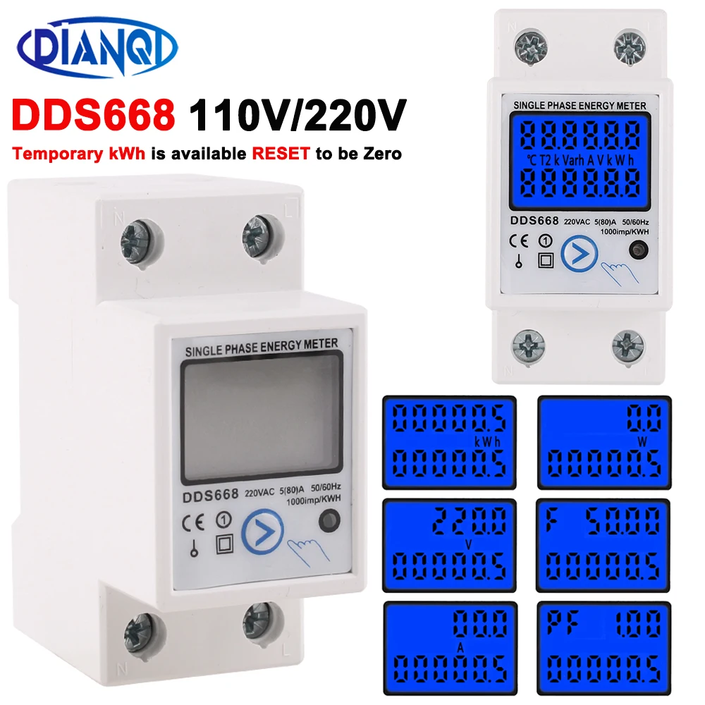 Din Rail Digital Single Phase Reset Energy Meter kWh Voltage Current Power Consumption Meter Wattmeter Electricity 220V AC110V