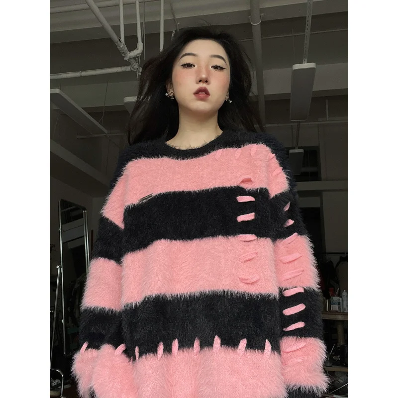

Hikigawa Chic Fashion Women Streetwear Contrast Color Striped Stitch Sweater Casual Loose Pull Femme Hiver Ropa Mujer Knitwear