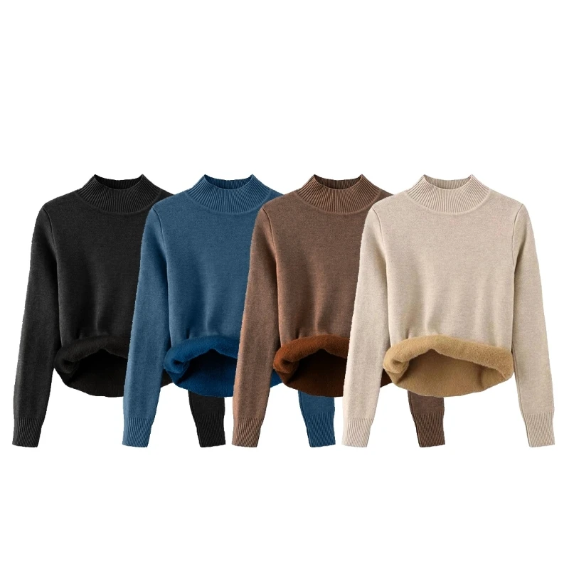 

Y5GC Women's Half Turtleneck Sweater Solid Long Sleeves Knitted Pullover Tops Thicken Fleece Lined Sweater for Autumn Winter