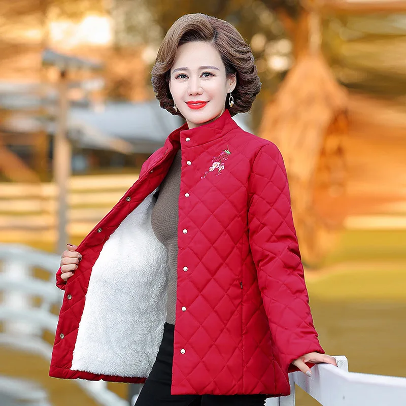 Fdfklak Middle Aged Women Autumn Winter Cotton Jacket New Lamb Thick Warm Short Outerwear XL-5XL Fashion Parkas Mother Coats