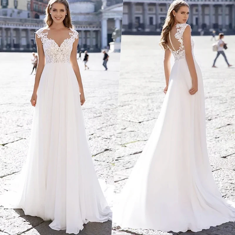 

Roycebridal V Neck Robe Longue Femme Wedding Dress Off The Shoulder Party Dress Appliques Lace Bridal Robe Chiffon Party Dress