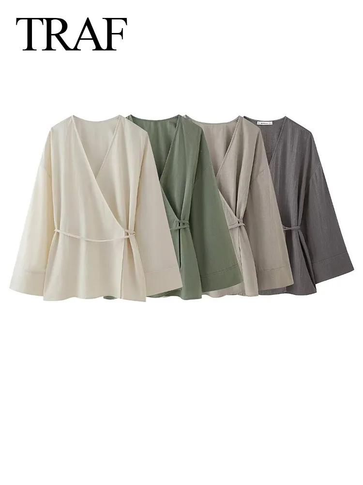 Блузка женская однотонная Асимметричная с V-образным вырезом и большими рукавами