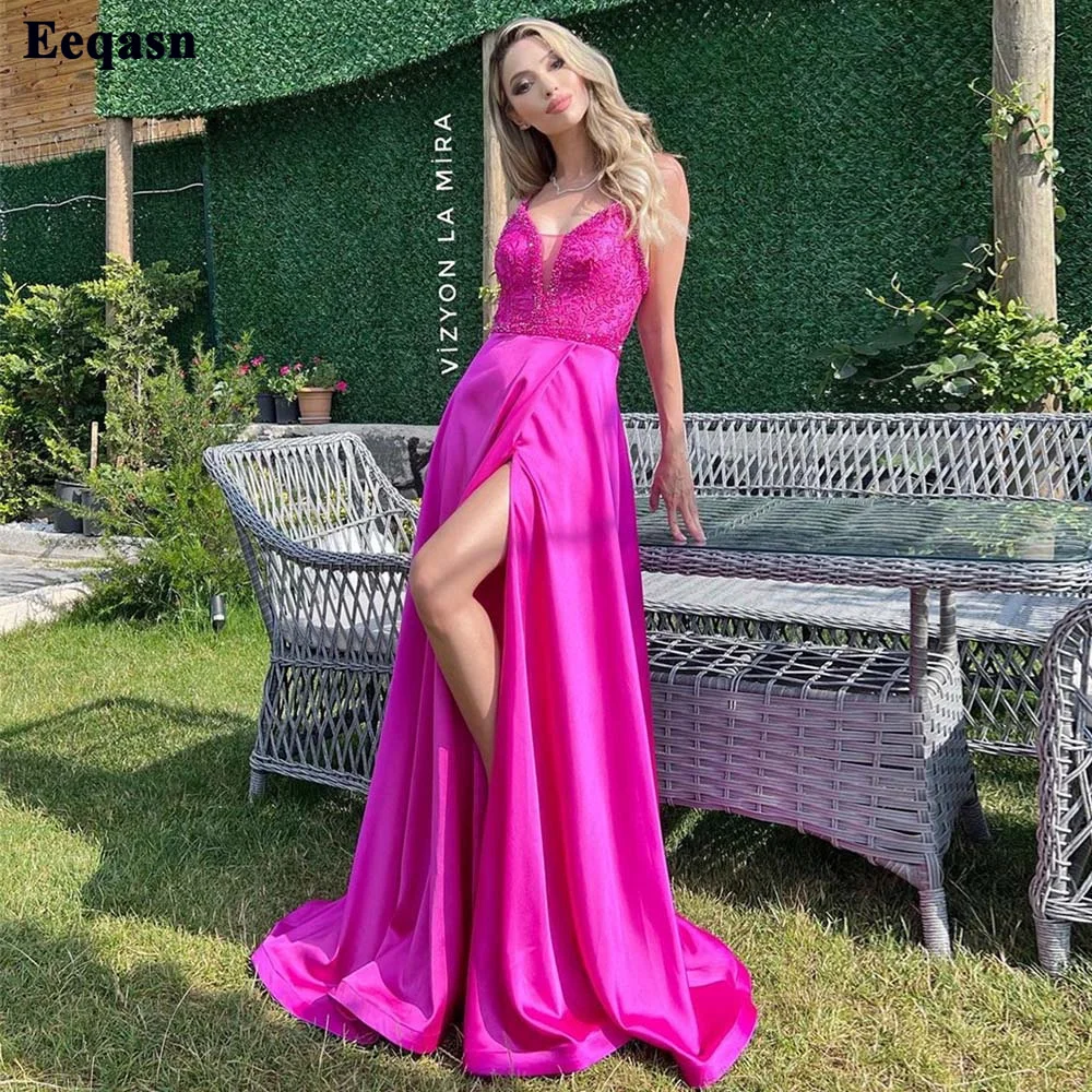 

Eeqasn Fuchsia Satin Evening Party Dresses Appliques Lace Beaded Side Slit Prom Gowns Long Women Formal Bridesmaid Dress 2022