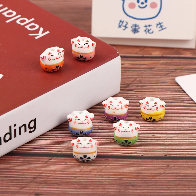 

5Pcs 14mm Lucky Cat Ceramic Beads Colorful Horizontal Hole Loose Jewelry Porcelain Beads for Jewelry Making Bracelet