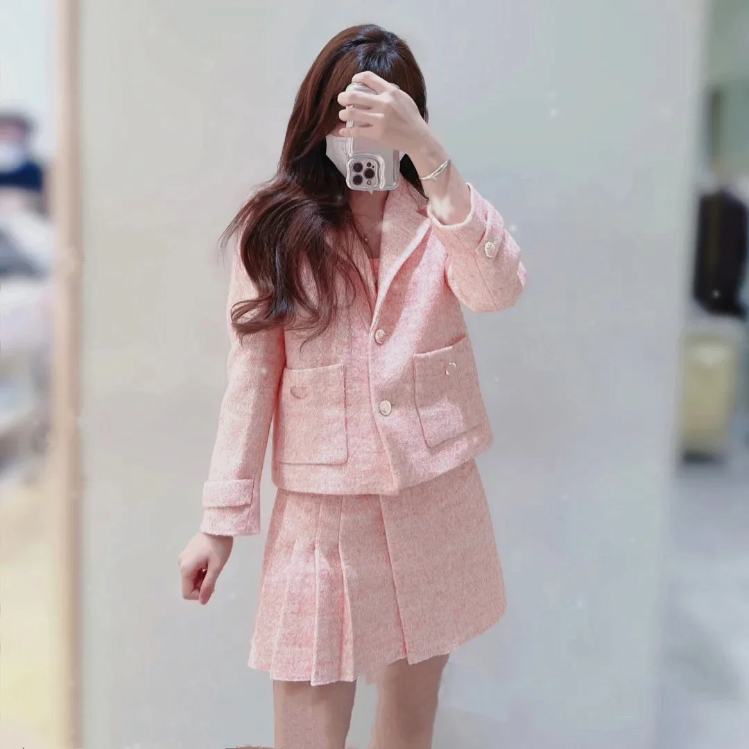 

Women Blazer Pockets Notched Metal Buttons Tweed Pink Short Coat
