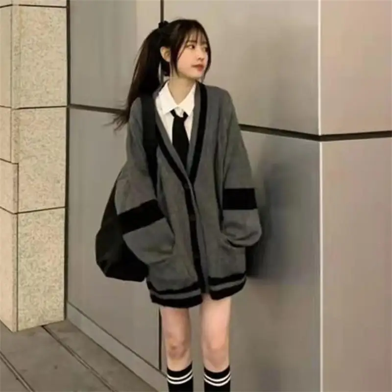

College Wind Sweater Long Section Girly Gray V-neck Cardigan Single-breasted Warm Color Matching Sweater Youth Fashion Jacket