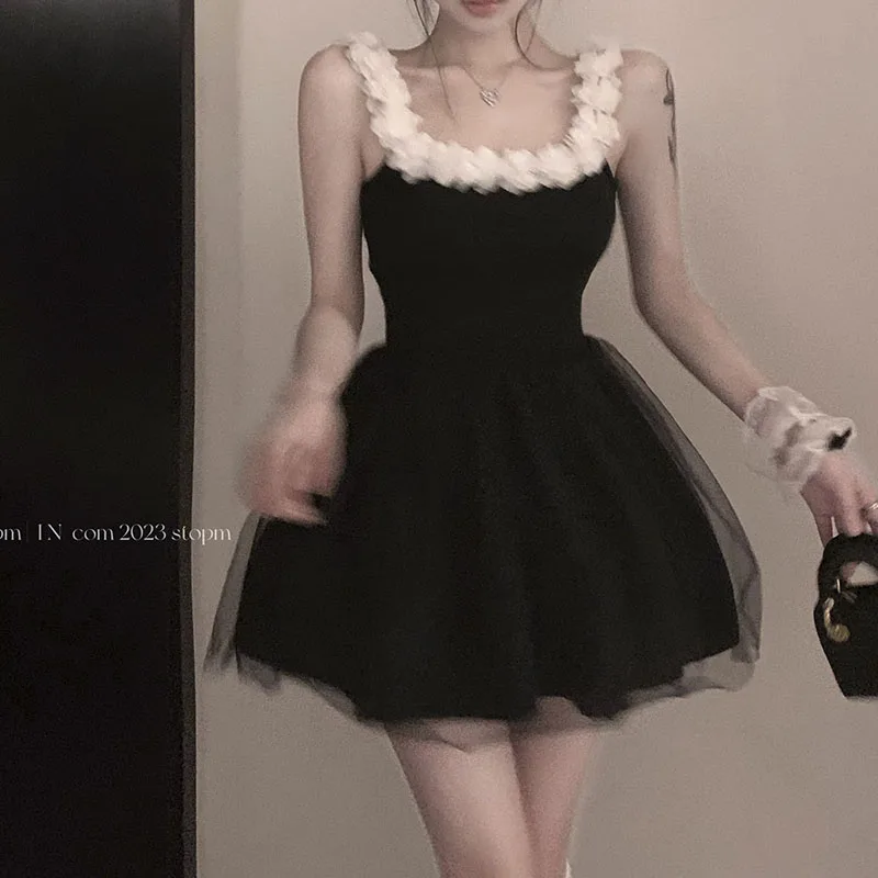 

Летнее сексуальное платье для женщин 2023 черное платье-комбинация французское Сетчатое Тюлевое приталенное Пышное Платье