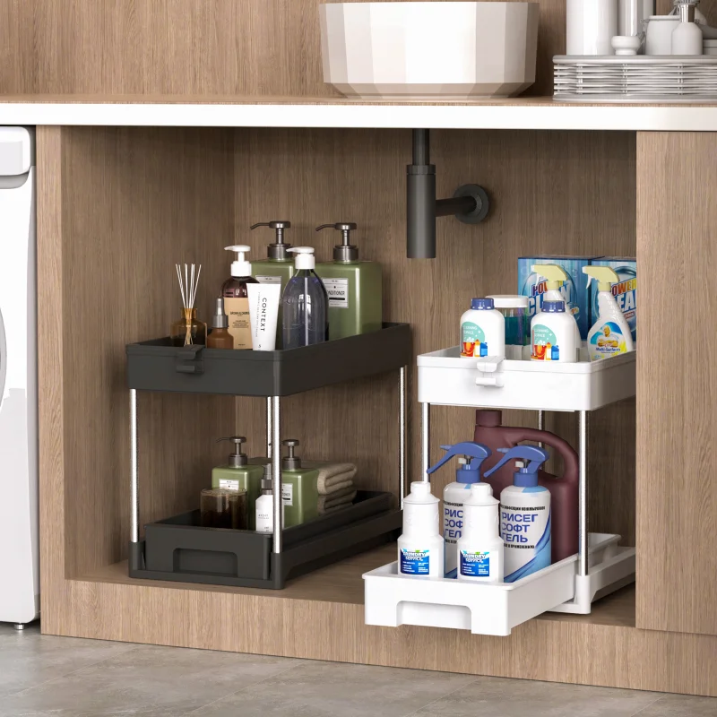 

Storage Rack Double Layer Sink Rack Floor To Ceiling Pull Kitchen Cabinet Storage Drawer Seasoning Rack Kitchen Bathroom Storage