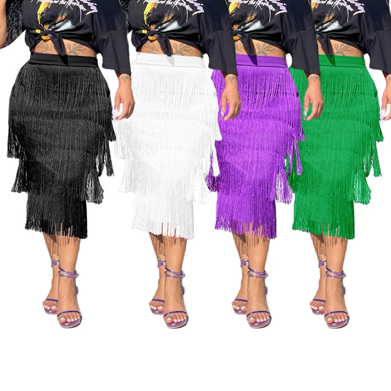 Elegant Tassel Fringe Bodycon Pencil Skirts Womens High Waist Stretchy Sheath Midi Summer Ladies New Party Rock Saia Falda