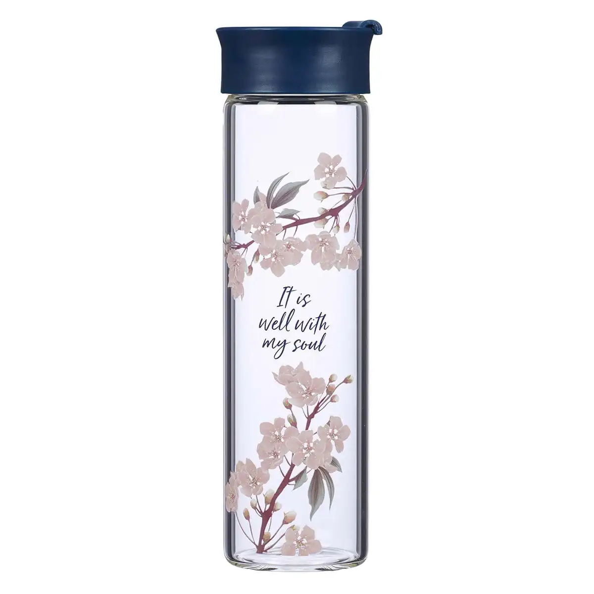 

With Love Glass Water Bottle It Is Well With My Soul Floral, 20oz, Navy