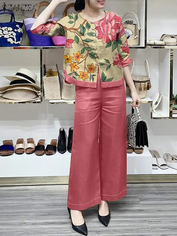 Zanzea Женский Модный Комплект Широких Брюк Повседневная Блузка С Круглым Вырезом