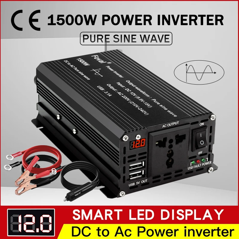 

DC 12V to AC 220V Pure Sine Wave Car Inverter 1000W/1500W/2200W/2600W/3000W LED Voltmeter Converter Dual USB Universal EU Socket