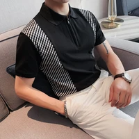 2022 british style polo shirts for men short sleeve contrast color lapel zipper polo shirt casual slim business social tee tops