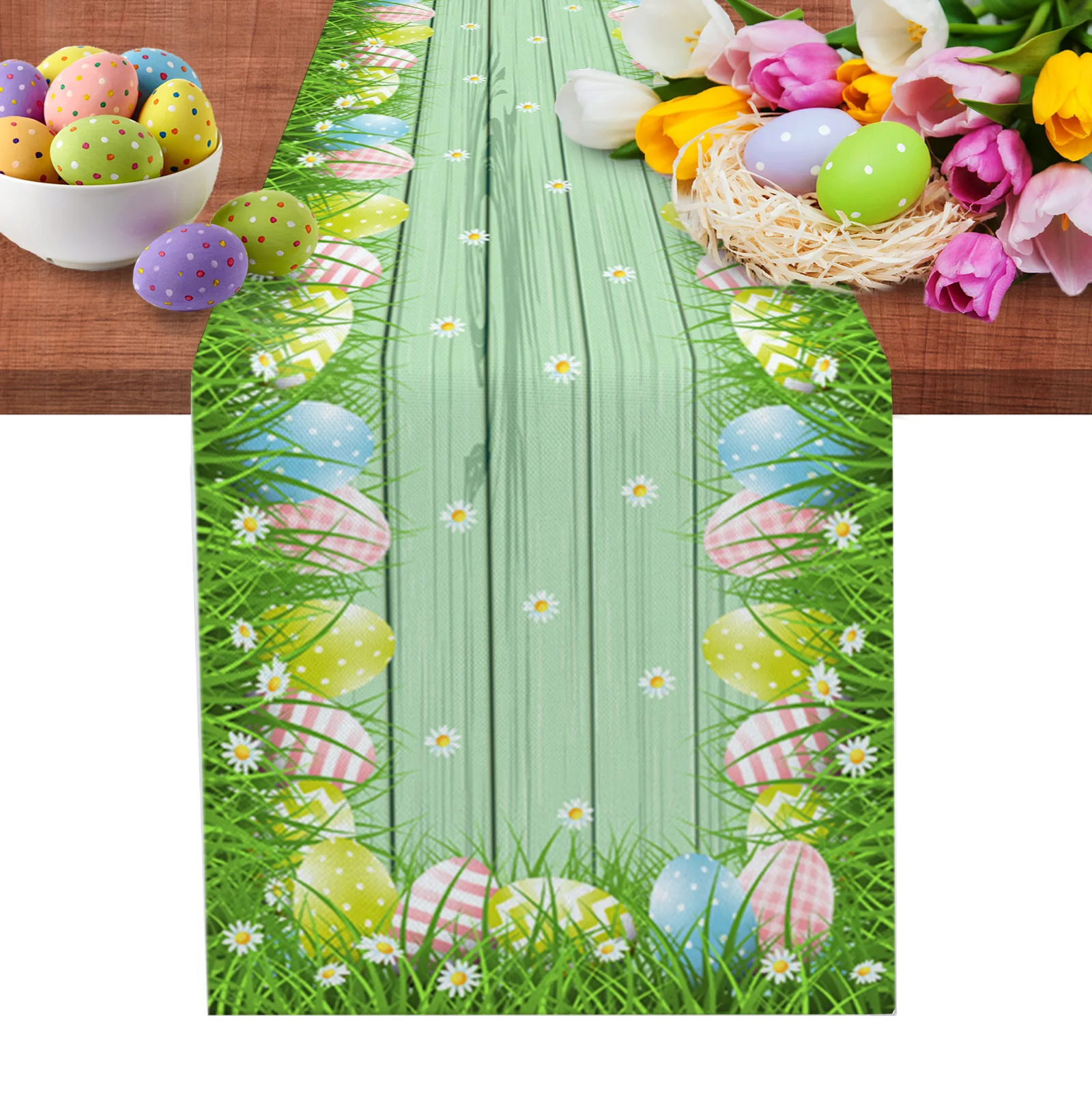 

Easter Egg Green Green Wood Grain Table Runner Wedding Party Table Decorations for Home Decor Gift Favor Placemat Tablecloth